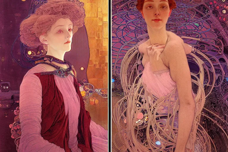 Image similar to symmetric, a dark woman android in a pastel pink dress, in a room full of neural networks and wires and computers, dark sci - fi, ai, 4 k realistic, artem demura. alphonse mucha, gustav klimt.