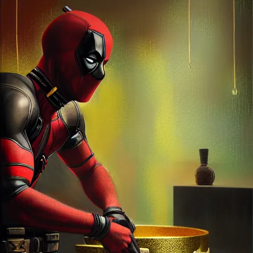 Image similar to Deadpool bathing in a gold tub, futuristic neon, decorated with traditional Japanese ornaments by Ismail inceoglu dragan bibin hans thoma greg rutkowski Alexandros Pyromallis Nekro Rene Maritte Illustrated, Perfect face, fine details, realistic shaded, fine-face, pretty face