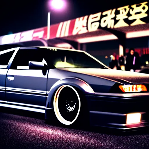 Image similar to a car JZX90 twin turbo drift at illegal car meet, Saitama prefecture, city midnight mist lights, cinematic lighting, photorealistic, highly detailed wheels, high detail