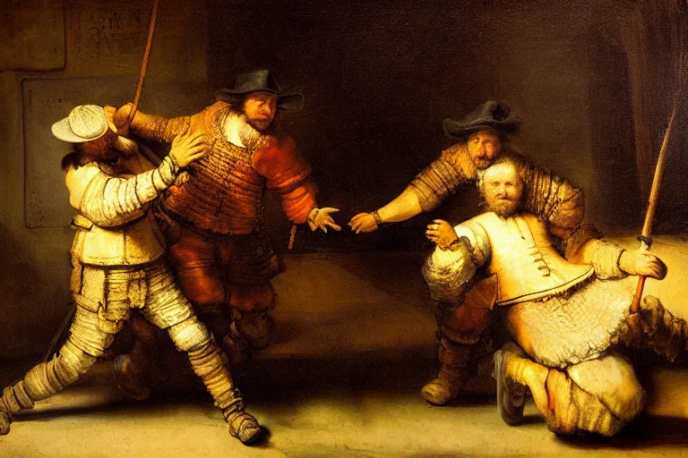 Prompt: Rembrandt painting of 2 people fighting outside of an Applebee's