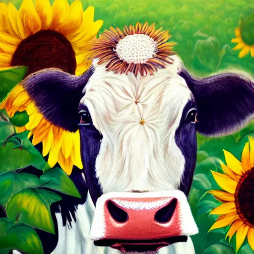 Image similar to head portrait of southern belle cow, surrounded by sunflowers outside in a field, 4k, illustration