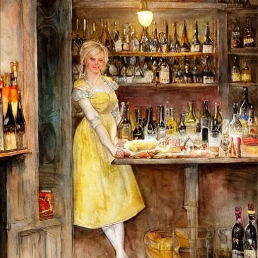 Image similar to hot blonde working in a wine cellar, food, pork, beer, schnapps, rustic, traditional, torches on the wall, watercolor by vladimir volegov and carl larsson