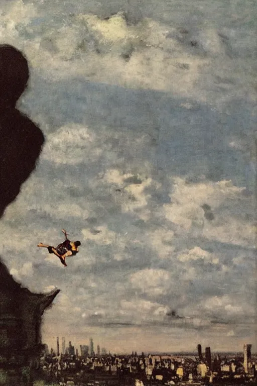 Prompt: a young man flying through new york city. his hands stretched to the side. a floating circus in the background. art by gustave courbet.