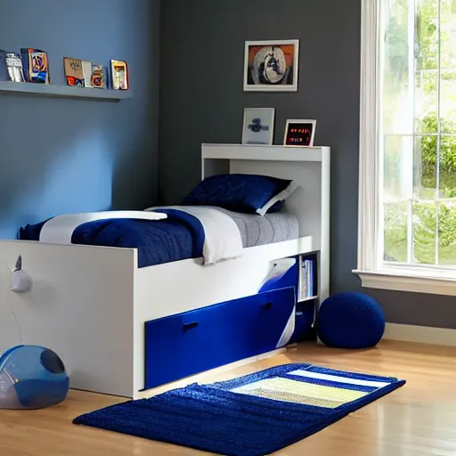 Image similar to award-winning blue and white modern boy's room catalog photo. single bed. A single window illuminates the bed and the desk.