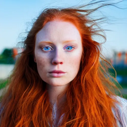 Prompt: close up portrait photograph of a ginger woman with polish descent, with deep blue eyes. Wavy long hair. she looks directly at the camera. Slightly open mouth, with a park visible in the background. 55mm nikon. Intricate. Very detailed 8k texture. Sharp. Cinematic post-processing. Award winning portrait photography. Sharp eyes.