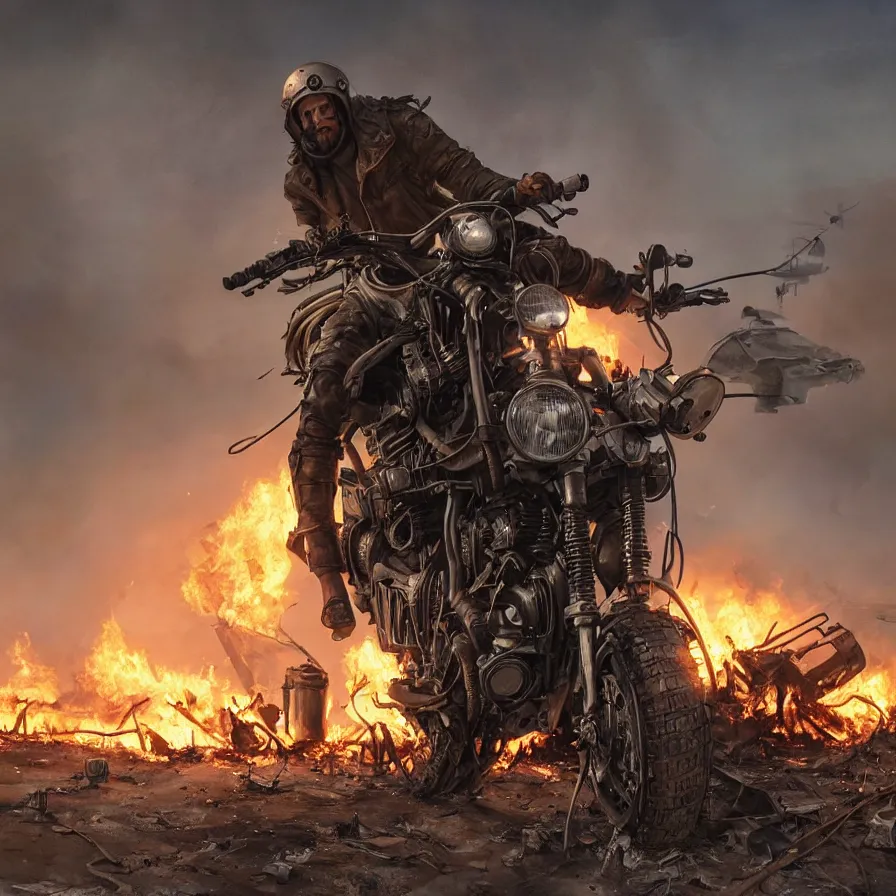 Image similar to post apocalyptic, biker with helmet in front of crashed airplane burning, photorealistic, ultra realistic, concept art, intricate details, photorealistic, octane render, 8 k, unreal engine. retro film still, heavy grain, 3 5 mm, art by artgerm and greg rutkowski and alphonse mucha