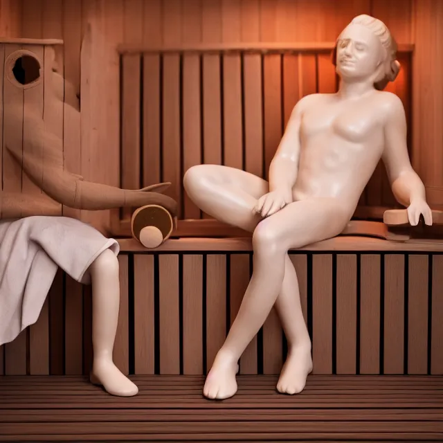 Image similar to realistic porcelain statue of a person sitting in sauna, 4 k photo, spotlight