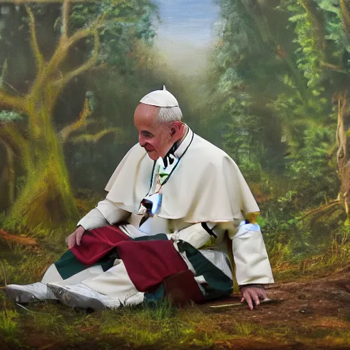 Prompt: the pope defecating in the forest while squatting, oil painting