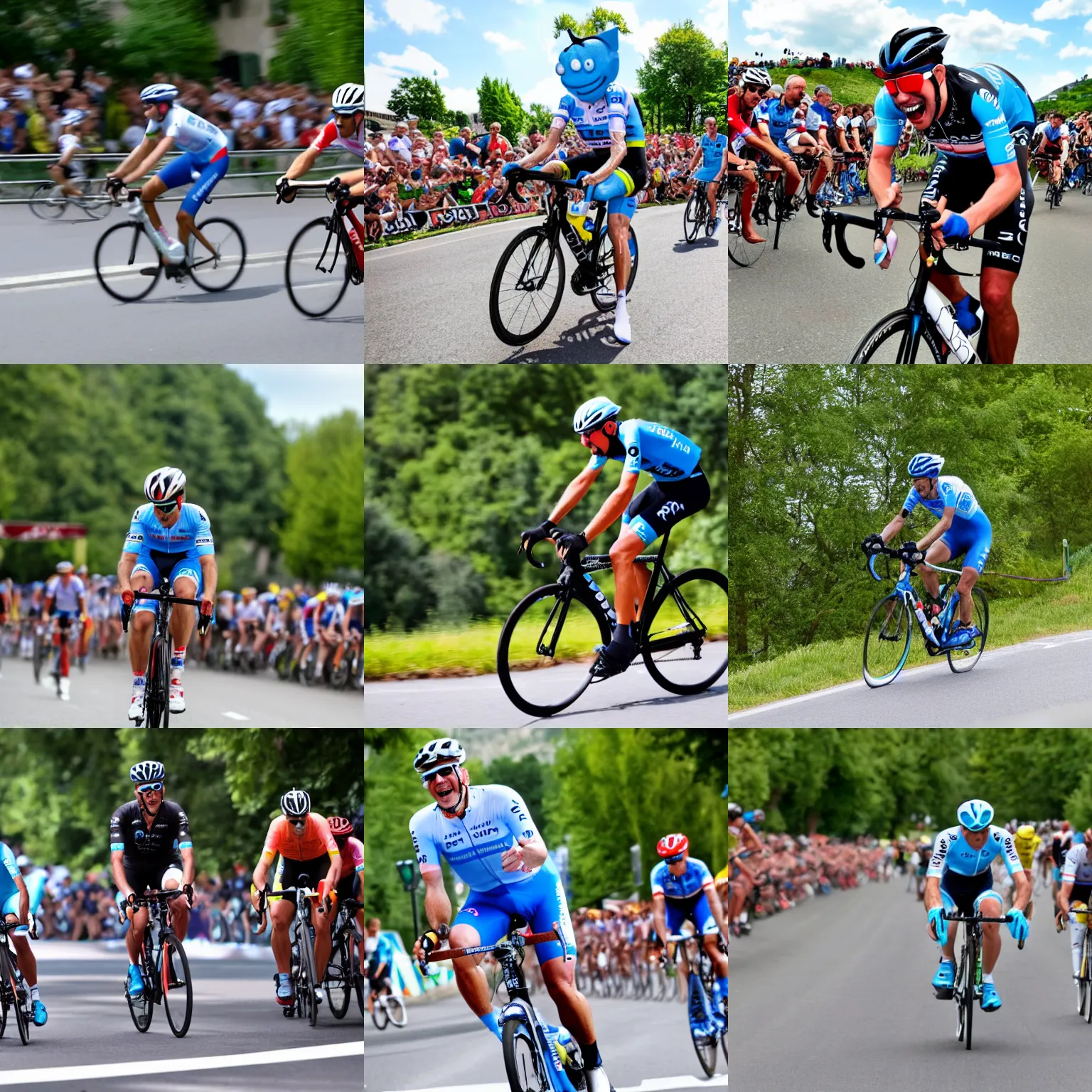 Prompt: mr meseeks riding a bike in the tour de france, action shot, high quality, high resolution