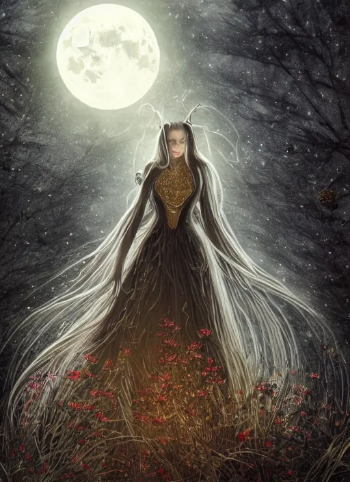 Image similar to glowing silver and golden elements, portrait, A beautiful dark witch in front of the full big moon, book cover, green forest, red white black colors, establishing shot, extremly high detail, foto realistic, cinematic lighting, pen and ink, intricate line drawings, by Yoshitaka Amano, Ruan Jia, Kentaro Miura, Artgerm, post processed, concept art, artstation, matte painting, style by eddie, raphael lacoste, alex ross