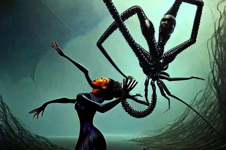 Image similar to realistic detailed portrait movie shot of a beautiful black woman dancing with a giant spider, futuristic sci fi landscape background by denis villeneuve, jean deville, yves tanguy, ernst haeckel, alphonse mucha, max ernst, caravaggio, roger dean, sci fi necklace, fashion, masterpiece, rich moody colours