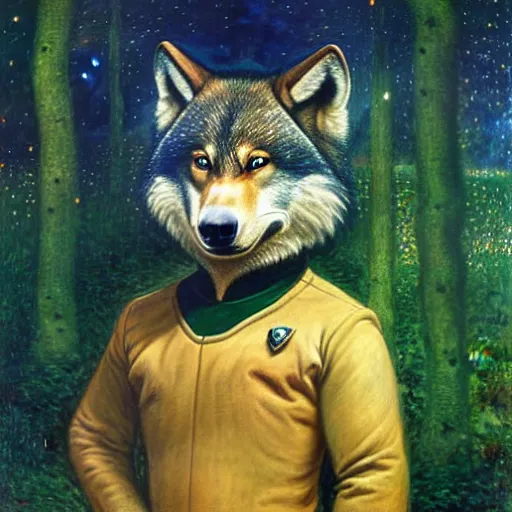 Image similar to a portrait of a male wolf bear in starfleet uniform at night in a dark forest. zootopia fursona furaffinity furry art detailed face painting by gaston bussiere craig mullins jc leyendecker gustav klimt artgerm greg rutkowski furry