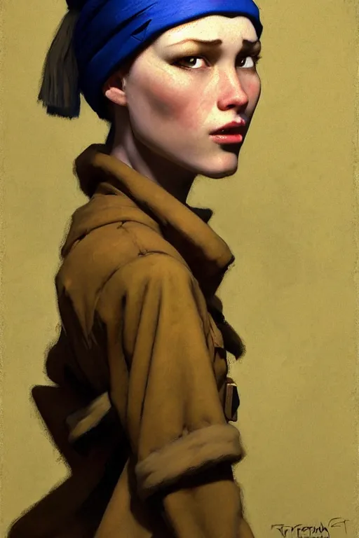 Image similar to team fortress 2 scout the girl with the pearl earring as the team fortress 2 scout team fortress 2 scout team fortress 2 scout, painting by gaston bussiere, katsuya terada, nc wyeth, greg rutkowski, craig mullins, vermeer, frank frazetta, mucha, tom of finland, trending on artstation