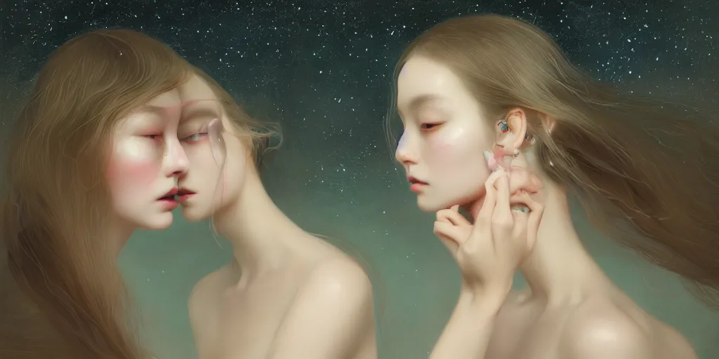 Prompt: breathtaking delicate detailed concept art painting beauty faces with starry night inside, by hsiao - ron cheng, bizarre compositions, exquisite detail, pastel colors, 8 k