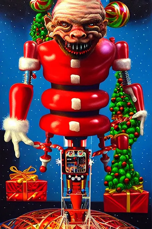 Image similar to a hyperrealistic painting of a 3 d christmas nightmare giant mechanical nutcracker, cinematic horror by chris cunningham, lisa frank, richard corben, highly detailed, vivid color,