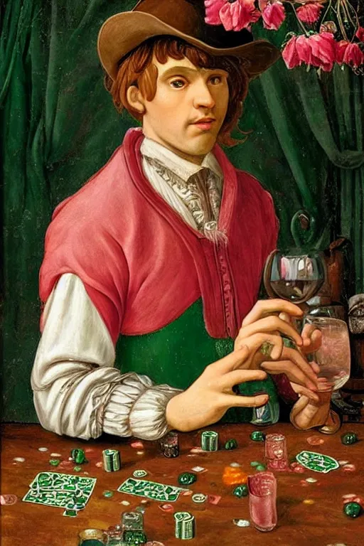 Prompt: intricate beautiful medium - shot, the card player man, blonde reddish hair, in green and pink clothes of 1 7 th century, holds playing cards, wine glass, pomegranates and flowers on the table, in card's player by sezanne, by rutkowsky, wlop, artgerm, botticelli, matte painting, renaissance painting