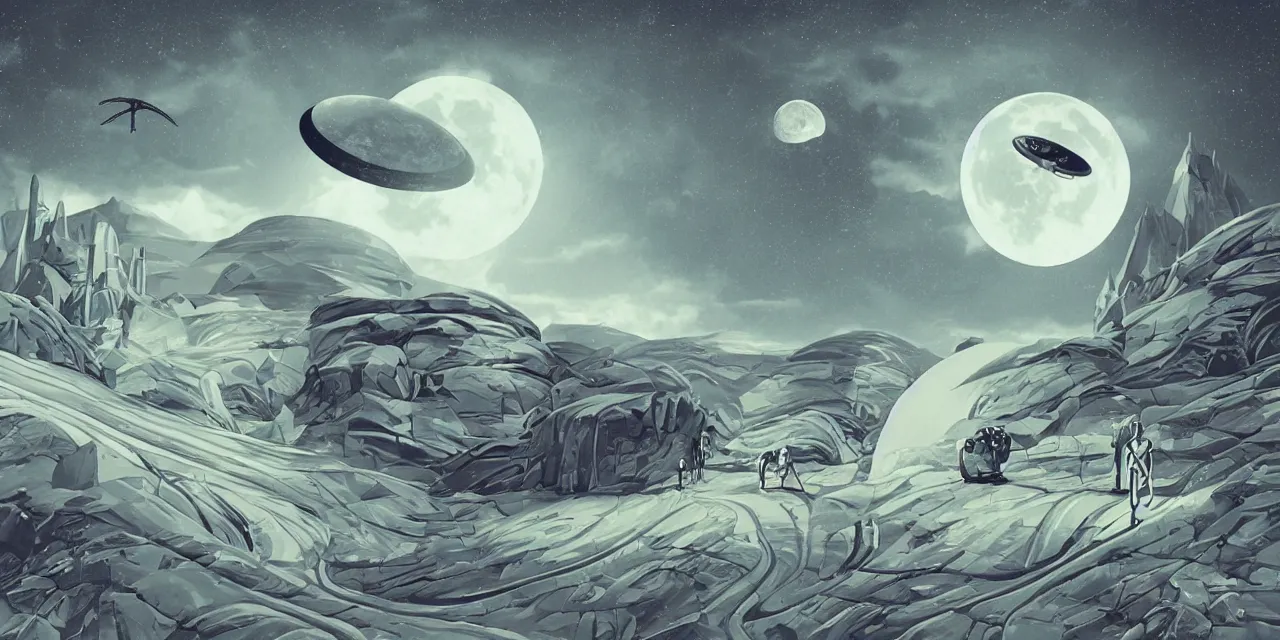 Image similar to surreal art deco designs, sci fi scene, alien landscape, flying saucer and moon rover