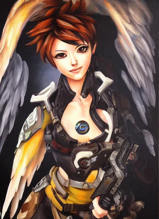 Image similar to full body oil painting of tracer overwatch in the style of sophie anderson, angel wings, black outfit, dramatic painting, wearing steel collar,