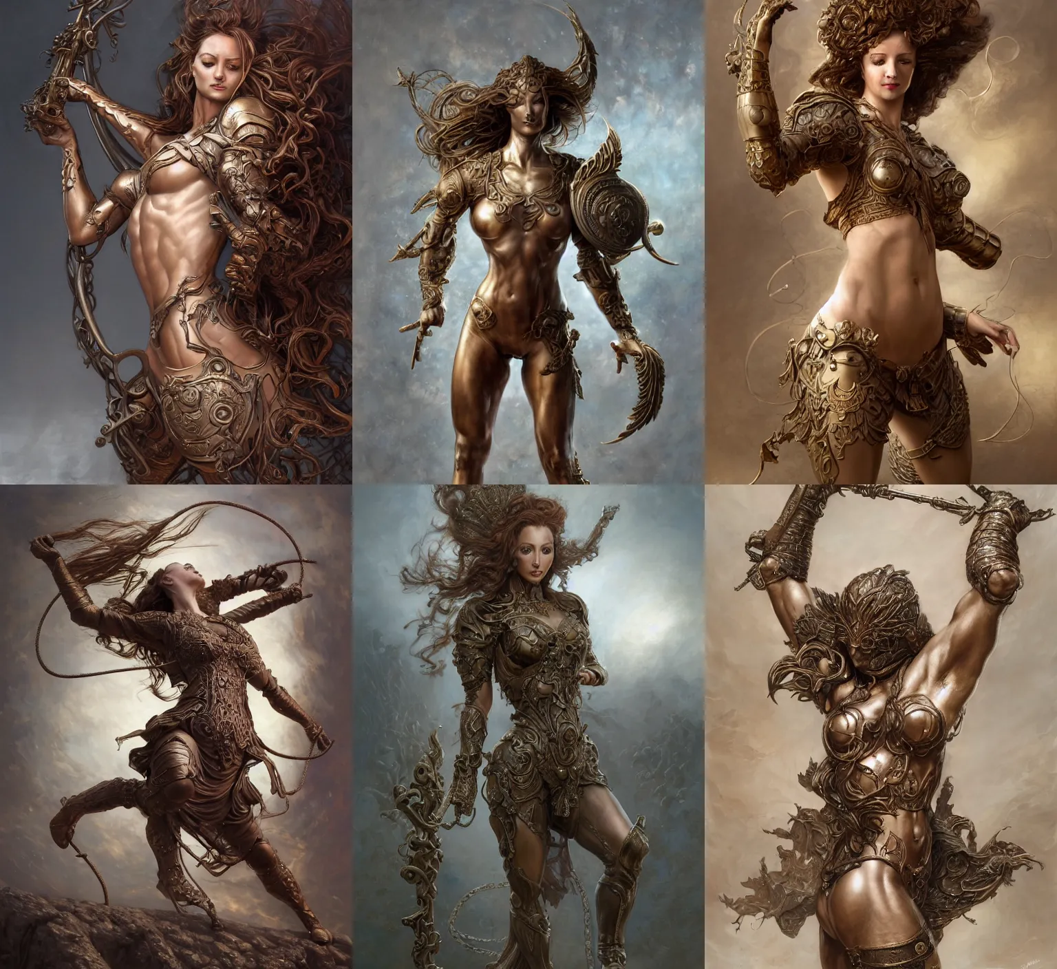 Prompt: amy yasbeck, in bronze and iron armour, full body, porcelain highlighted skin, detailed face, bulging muscles, flowy hair, passionate pose, intricate, elegant, sharp focus, highly detailed linework, trending on artstation, by tomasz alen kopera, peter mohrbacher, donato giancola, wlop, boris vallejo