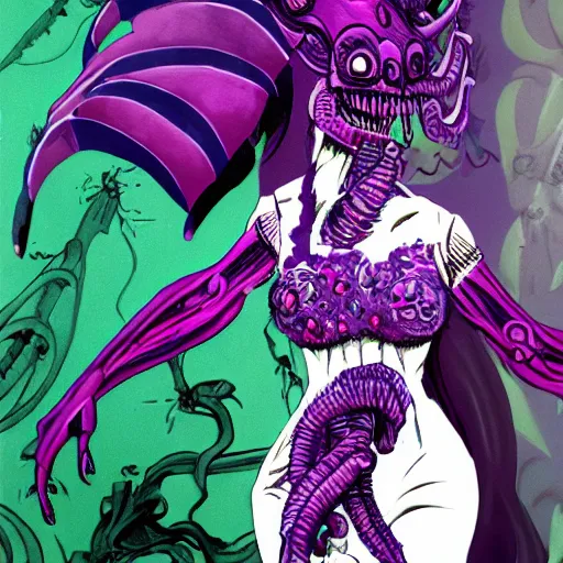 Prompt: the xenomorph queen wearing a purple floral dress and purple wide rimmed hat