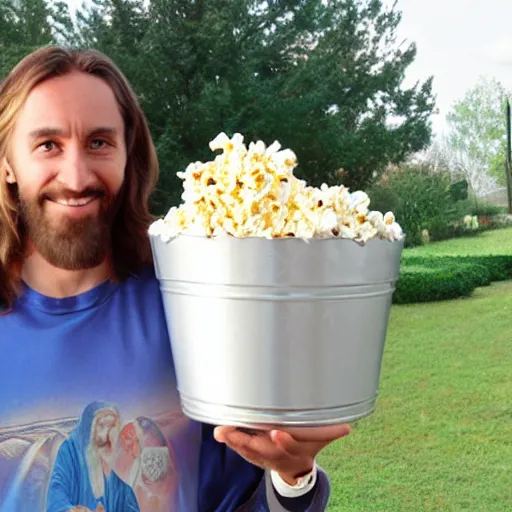 Image similar to jesus holding a big bucket of popcorn