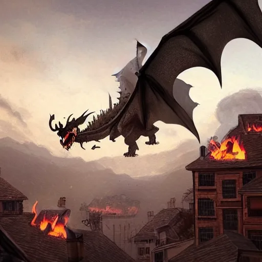 Prompt: a large dragon flying above a mid century village and blowing fire and waste to the buildings below. Moody paining trending on artstation