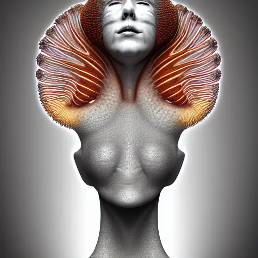 Image similar to high quality photo of a young beautiful female queen-feather-clownfish bust with a very long neck and Mandelbrot fractal face, Mandelbrot fractal skin, flesh, anatomical, facial muscles, veins, arteries, elegant, highly detailed, flesh highly baroque ornate, elegant, high fashion, rim light, octane render, in the style of Lindsay Adler, Realistic, Refined, Digital Art, Highly Detailed, Cinematic Lighting, rim light, photo-realistic, 8K