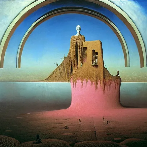 Image similar to african moors in white robes building a steampunk portal near a pink lake by zdislaw beksinski and thomas blackshear and alex grey, oil on canvas, 8k