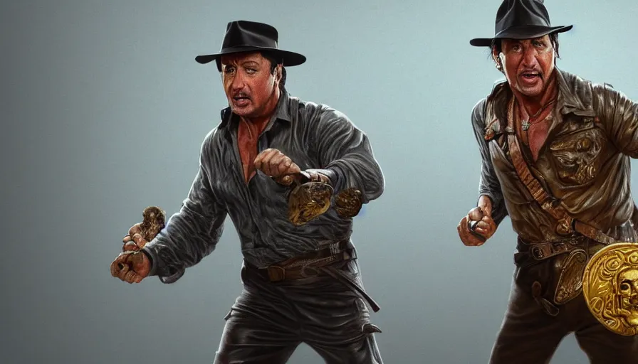 Prompt: sylvester stallone as indiana jones holding a whip in left hand and holding a golden mayan skull in the right hand, grey background, hyperdetailed, artstation, cgsociety, 8 k