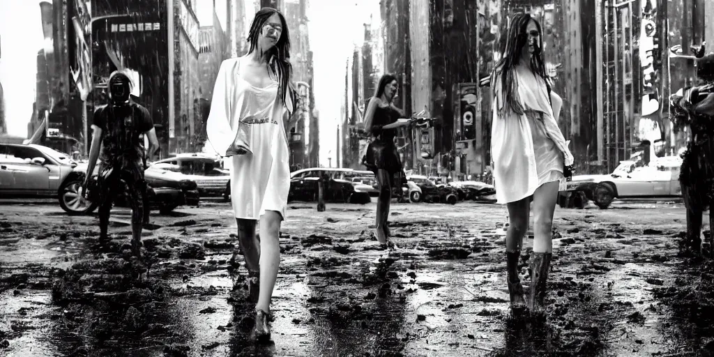 Prompt: ! dream 3 beautiful woman wearing white wet short sun dresses walking toward the camera in the wet cyberpunk streets of new york at sunset, police hover cars in the background, mud puddles, in the style of h. r. giger