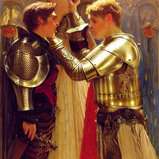 Image similar to attractive fully clothed arthur pendragon confesses his love for his attractive fully clothed male knight. highly detailed painting by gaston bussiere and j. c. leyendecker 8 k