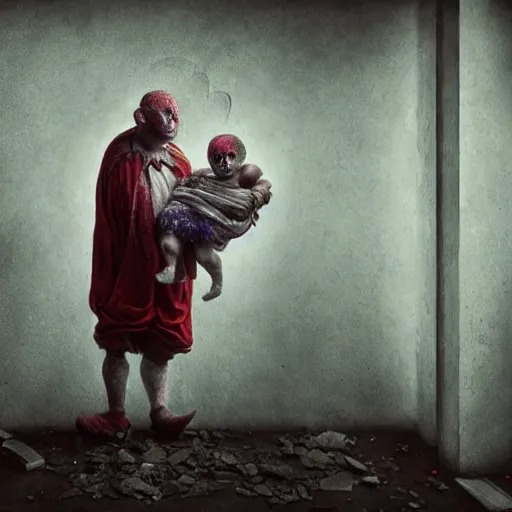 Prompt: a clown holding a baby inside an abandoned hospital, beksinski, dariusz zawadzki, symmetrical, surreal, magic surrealism, very coherent symmetrical artwork, cinematic, hyper realism, high detail, octane render, 8 k