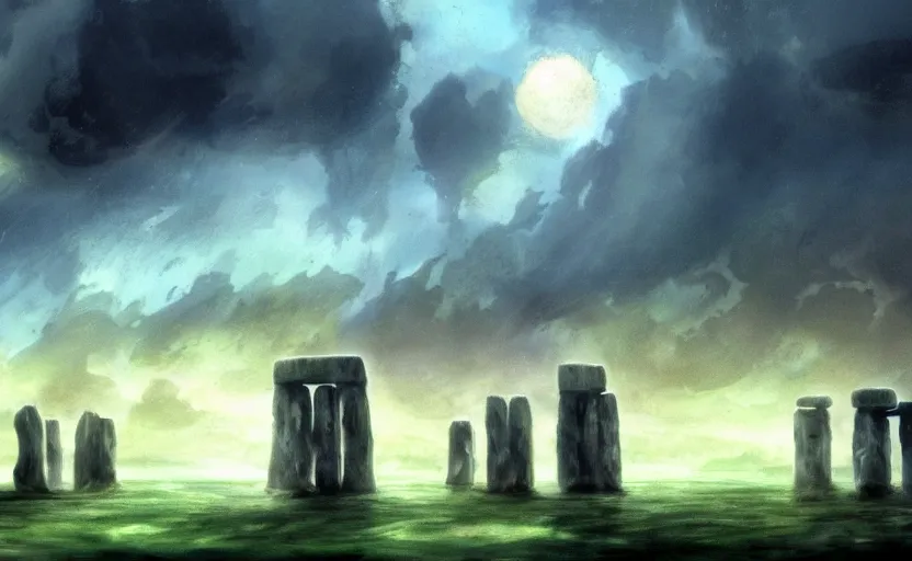 Image similar to a realistic and atmospheric cell - shaded concept art from howl's moving castle ( 2 0 0 4 ) of a futurist sci - fi city and stonehenge in a flooded rainforest. it is a misty starry night. very dull muted colors, hd, 4 k, hq