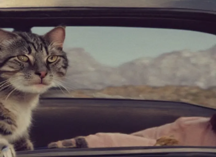 Image similar to A very high resolution image from a new movie, a cat driving a car around, inside of a car , mountains, Polaroid, directed by wes anderson