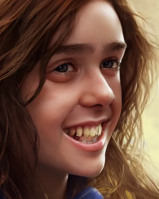 Image similar to close up portrait of 1 5 - year - old girl, smile with large front teeth, hermione granger, very bushy brown hair, and very bright brown eyes, wearing white shirt, hyper realistic face, beautiful eyes, character art, art by mark brooks, hyperdetailed, cryengine, trending on artstation, digital art