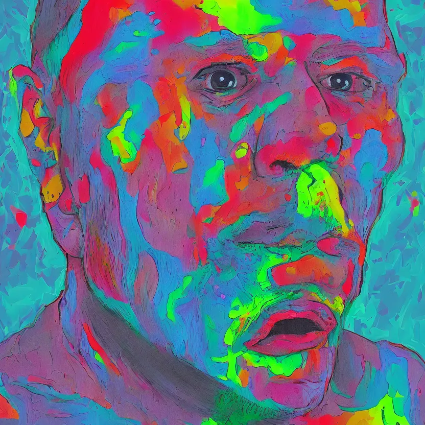 Prompt: man with a tab of acid on his tounge, digital art by mad dog jones