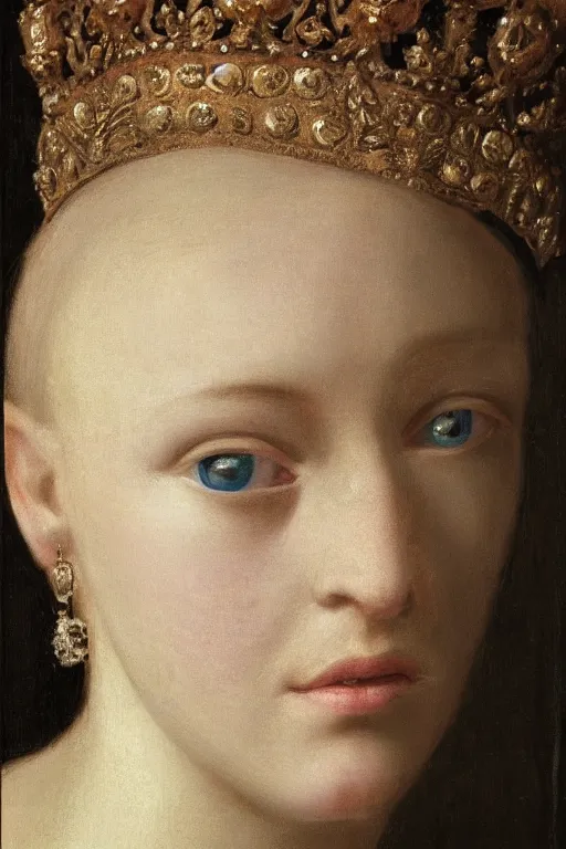 Prompt: hyperrealism extreme close-up portrait of medieval slim female, scar on eye, pale skin, wearing tiara, in style of classicism