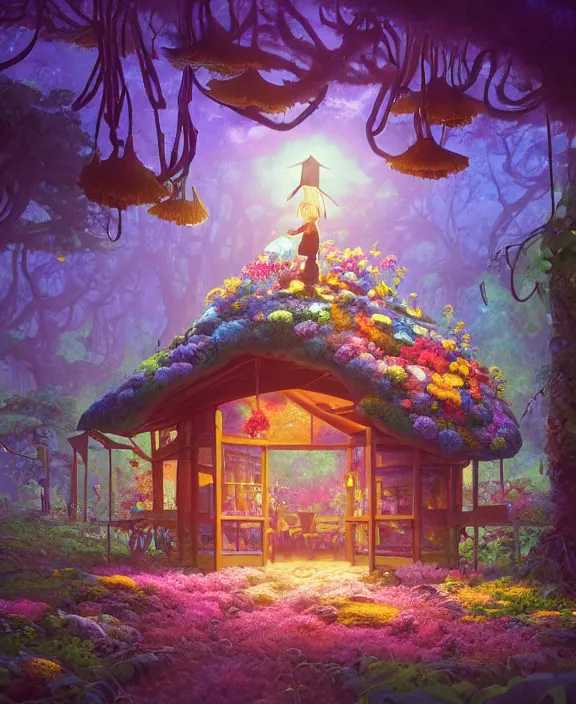 Prompt: a simple, whimsical school made from flowers, overgrown with huge exotic fungus, deep in the woods, cheerful, dramatic lighting, partly cloudy, by dan mumford, yusuke murata, makoto shinkai, ross tran, dreamy, cinematic, unreal engine, cel shaded, featured on artstation, pixiv