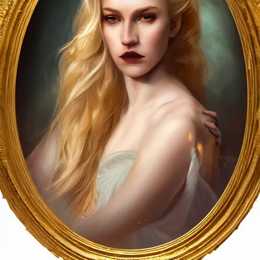 Image similar to majestic gracious regal aristocratic blonde female vampire portrait, atmospheric lighting, painted, soft rim light, menacing, intricate, volumetric lighting, beautiful, rich deep colours masterpiece, golden hour, sharp focus, ultra detailed, by leesha hannigan, ross tran, thierry doizon, kai carpenter, ignacio fernandez rios