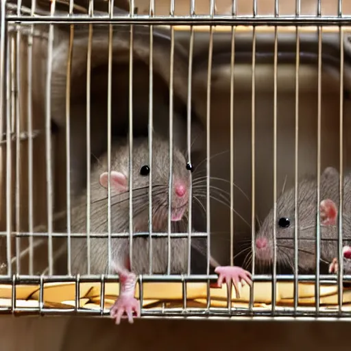 Prompt: rats in a cage in kitchen,