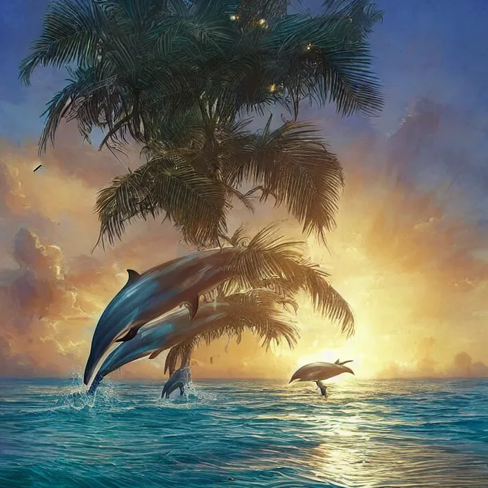 Prompt: dolphin swimming, golden hour, god rays, by artgerm and ismail inceoglu and greg olsen, palm trees, masterpiece, beautiful, intricate, elegant, highly detailed
