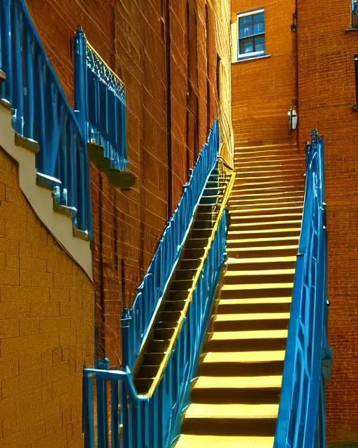 Image similar to golden staircase ascending towards the green staircase ascending towards the blue staircase ascending towards the red brick staircase ascending towards the moon