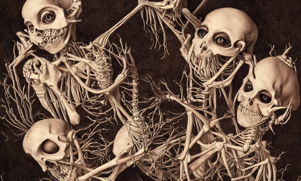 Image similar to intertwined bodies with large eyes and lips laying in bed, feeling an existential dread of love, HD Mixed media, highly detailed and intricate, skeletal, botany, surreal illustration in the style of Caravaggio, baroque dark art