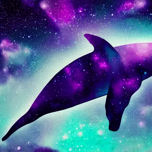 Image similar to portrait of whale swimming on a night sky, swimming across the universe, nebulae, purple and blue, galaxies, oniric, dreamy, beautiful, highly detailed, cinematic, trending on artstation