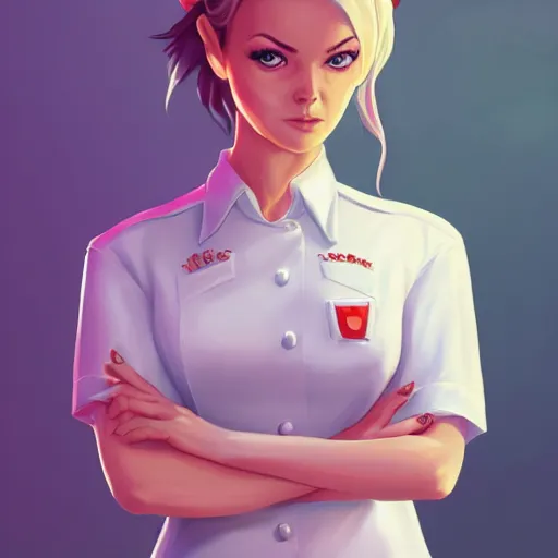 Image similar to epic portrait an beautiful waitress in a white uniform and short sleeves carriyng coffee, front facing symmetrical centered painted portrait, just one head, Elisha Cuthbert as a D&D Paladin, RPG character avatar, Blizzard concept art, pixar, dreamworks, global illumination lighting, trending on artstation, by lois van baarle, ilya kuvshinov, rossdraws