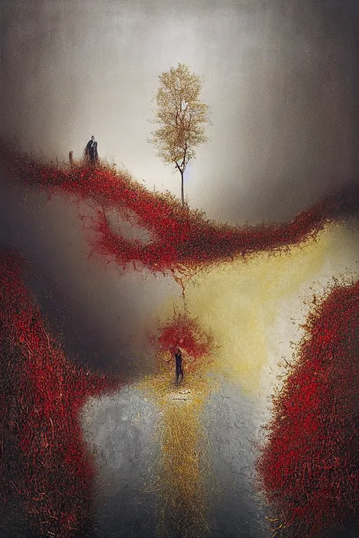 Prompt: immaculate painting of A Beautiful fine detailed gold and red and black Forest Illusion by erik johansson micro detailing