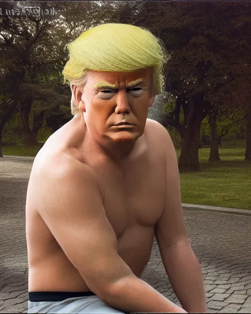 Image similar to award winning 5 5 mm close up portrait color photo of trump as songoku, in a park by luis royo. soft light. nikon d 7 5 0