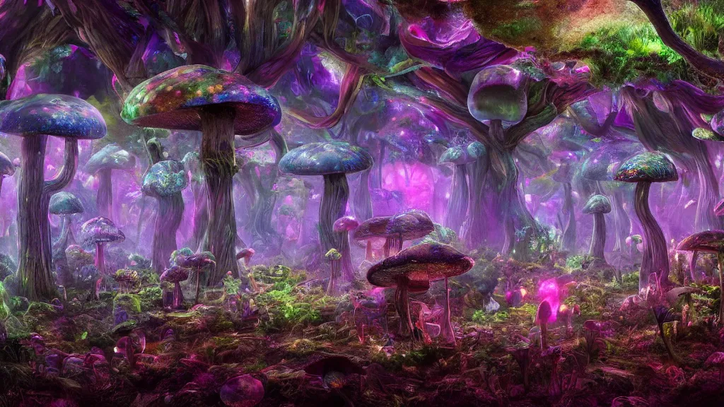 Image similar to exploring a mushroom forest, 8k, acid trip, hall of mirrors, ultra detailed, a hyperrealistic image of a mycelium forest with neon glowing mushrooms, with magical creatures, by tian gan, trending on patreon, artstation, deviantart. Unreal engine