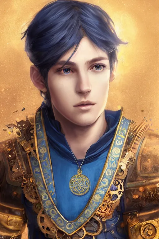 Image similar to beautiful portrait of a handsome young male wizard wearing a fancy blue tunic, l medallion!! around neck, art by wlop and artgerm, steampunk fiction, detailed deep blue eyes, ( long dark brown hair in ponytail!!!! ), space background, artstation, sharp focus, illustration, caustics, octane render, 4 k, radiant light