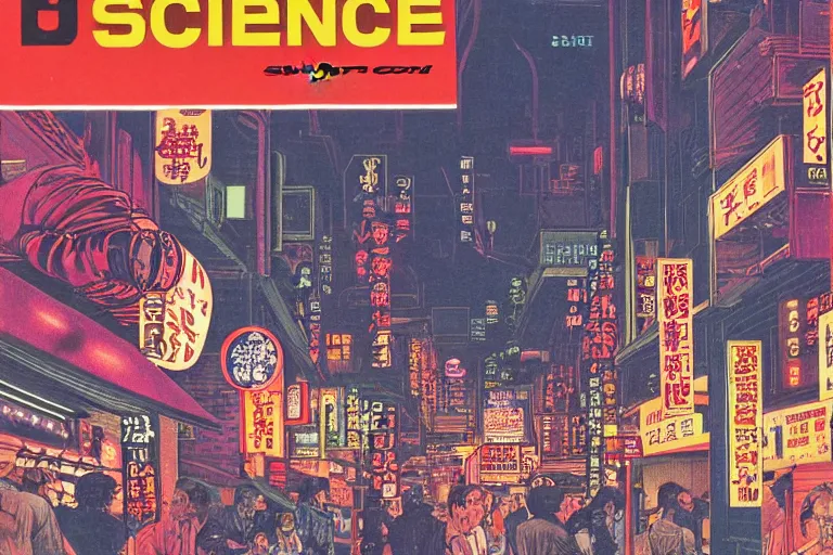 Prompt: 1 9 7 9 science fiction magazine cover depicting a row of shops downtown in neo - tokyo. in the style of bladerunner concept art by syd mead
